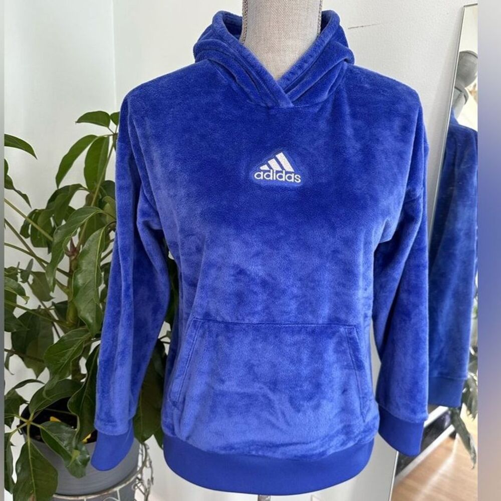 Adidas Girls Velour Blue Logo Hooded Pullover Sweatshirt Size Youth XL 16